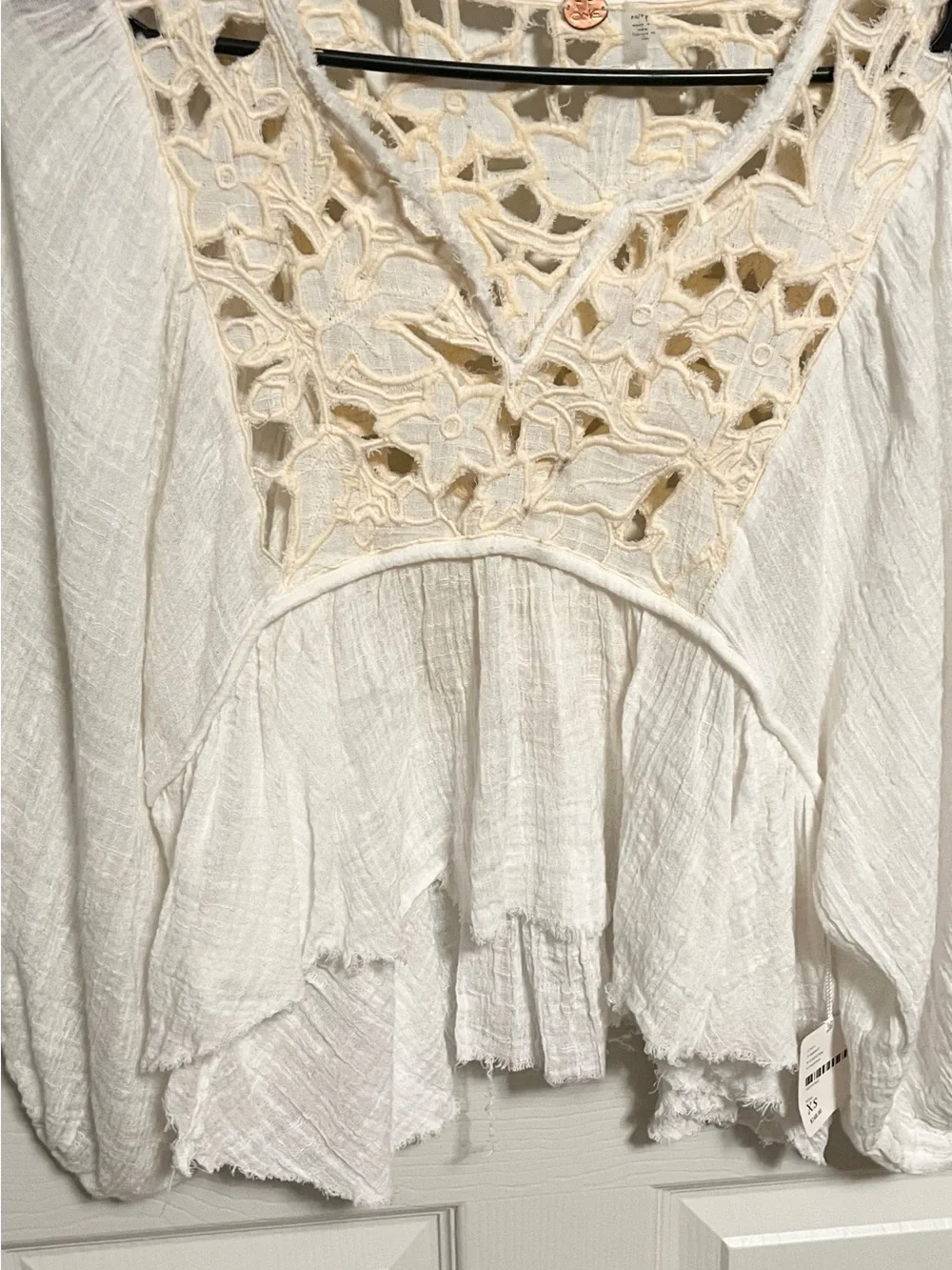 NWT Free People Crochet gauzy raw edges Peasant top size XS